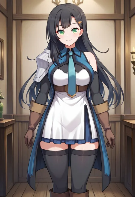 1girl, Lia-Liver020-Wattpad, solo, black hair, long hair, blue tie, necktie, detached sleeves, bangs, green eyes, brown gloves, bare shoulder, brown boots, hair ornament, ornaments, shoulder pad, black stockings, long stockings, white dress, brown belt, blue tunic, blue skirt, thighs, large breasts, milf, cute smile