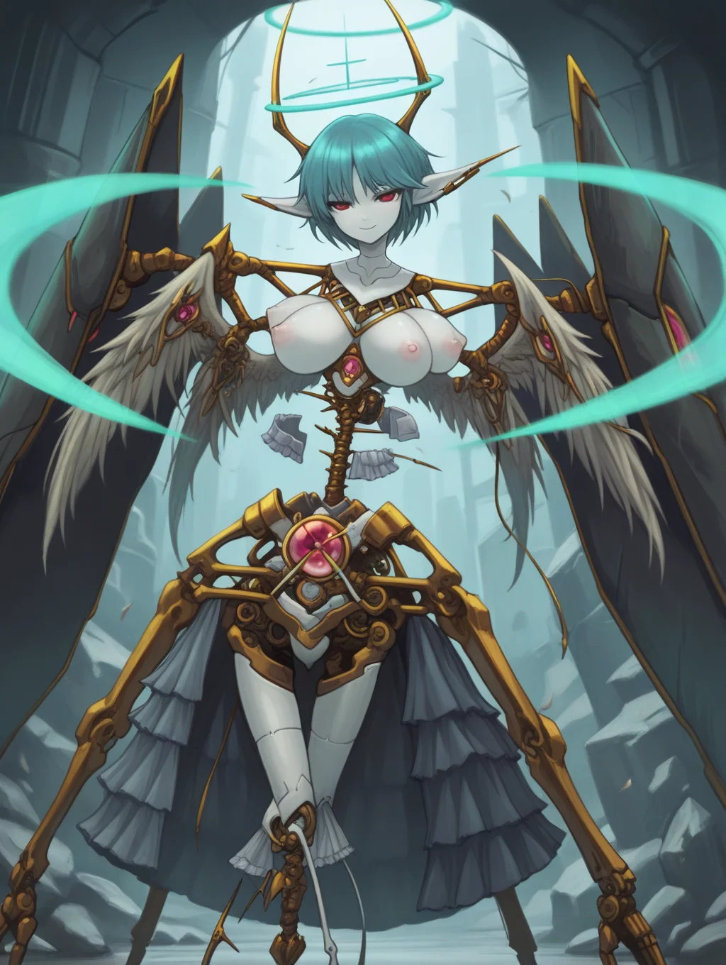 masterpiece, best quality, 1girl, Gnosis, aqua hair, blue hair, short hair, red eyes, pointy ears, white skin, halo, horns, wings, white feathered wings, joints, large breasts, 4 breasts, multiple breasts,  nipples, 4 nipples, no feet, amputee, no hands, no arms, colored skin, android, robot joints, frills,

Cowboy_shot, smile