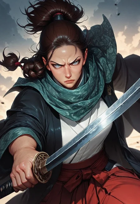 masterpiece, best quality,high quality, newest, highres,8K,HDR,absurdres, 1girl, mature female, solo, ponytail, long dark brown hair, front twin braids, short hair fringe, blue-grey eyes, black pupils, serious scowling expression, black and green checker patterned scarf, white kimono, black haori, red hakama, katana, samurai fantasy battlefield, stormy sky, dynamic pose, intense lighting, detailed background, depth of field, dynamic composition, foreshortening, detailed background, dynamic pose, dynamic composition,dutch angle, detailed backgroud,foreshortening,blurry edges <lora:iLLMythG0thicL1nes:1> G0thicL1nes