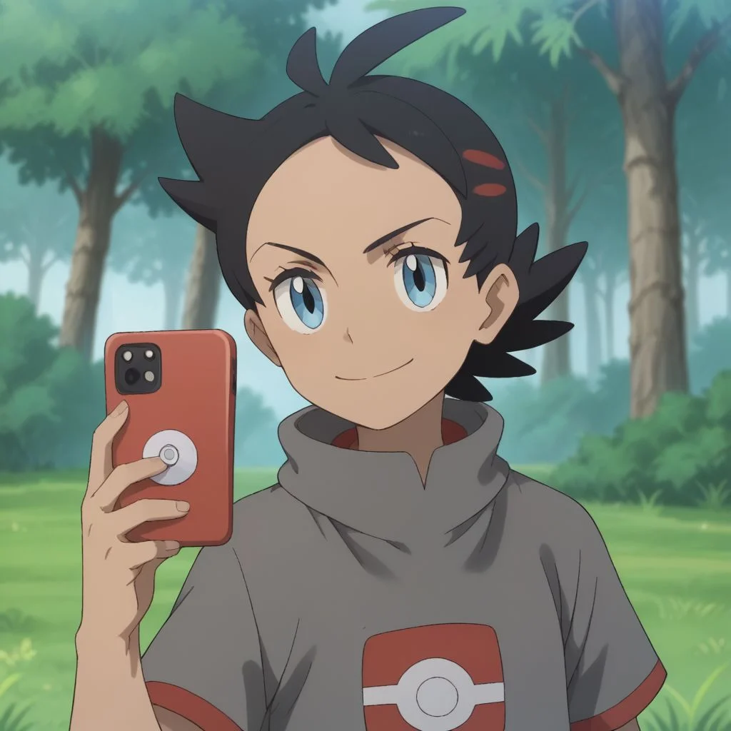 score_9, score_8_up, score_7_up, source_anime, highly detailed, 1boy, solo, male_focus
goh_poke, blue eyes, smile, closed mouth, tree, shirt, short sleeves, black hair, grey shirt, eyelashes,
outdoor, grass, hold, holding smartphone, smile,