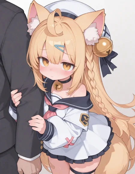 arm hug, blush, shy, solo focus, 1girl, solo, long hair, blonde hair, multicolored hair, white hair, ahoge, yellow eyes, animal ears, animal ear fluff, braid, white headwear, hair bell, hair ornament, blue hairclip, choker, neck bell, white dress, off shoulder, sailor collar, pink neckerchief, puffy long sleeves, thigh strap, bandaid on leg, tail, very awa, masterpiece, best quality, amazing quality, absurd res, hi res, highres,