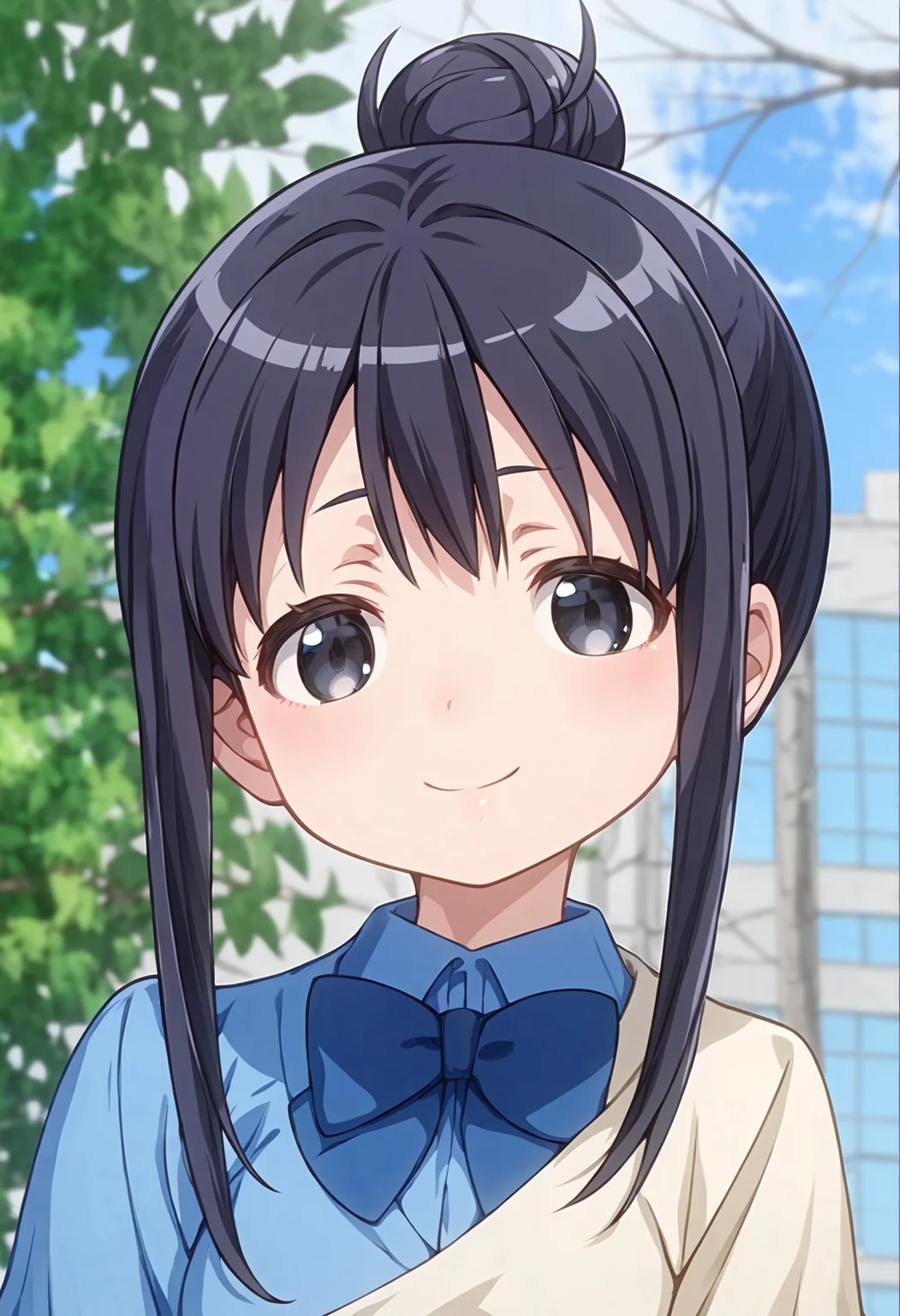 score_9, score_8_up, score_7_up, source_anime, <lora:lowres_concept_ponyXL_v1:-0.3>
BREAK,
<lora:annaka_moe_PonyXL_v1-000015:1> annaka moe, single hair bun, long hair, black hair, black eyes,
1girl, solo,
smile, \(troubled eyebrows:0.6\), closed eyes,
blush_stickers ,
head_tilt standing
bright sky blue polo shirt gray __bottoms__ ,
upper body, looking ahead, between the legs, Juice Bar bokeh, depth of field,