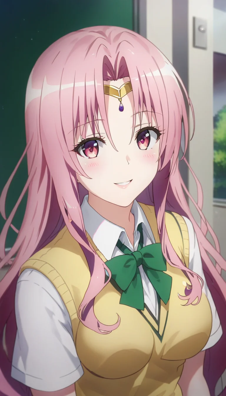 score_9,score_8_up,score_7_up,score_6_up BREAK official art,solo,outdoors,upper body,(portrait:1.5),looking at viewer,facing viewer,smile,blush,Sephie Michaela Deviluke,very long hair,pink hair,circlet,hair between eyes,parted bangs,pink eyes,school uniform,sweater vest,yellow vest,white shirt,collared shirt,green bowtie,short sleeves,large breasts,miniskirt,green skirt,plaid skirt,pleated skirt,zettai ryouiki,black thighhighs,loafers,<lora:Sephie Michaela Deviluke(tlr)-Pony:1.5>,