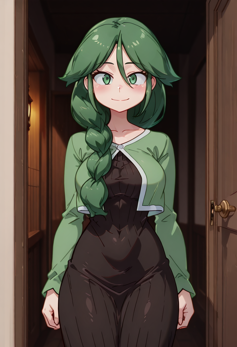 (masterpiece, best quality, good quality, very aesthetic, absurdres, newest:1.2),  zzCheryl, green eyes, single braid, hair over shoulder, green jacket, long dress,  ,<lora:CherylPokemon_IXL_v2:1.0>,, smile, looking at viewer, cowboy shot,  ,<lora:IshuzokuReviewersNAI:1.0>,