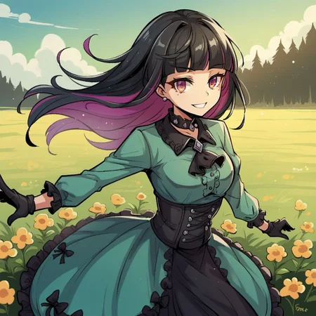 score_9, score_8_up, score_7_up, score_6_up, lonarpg
1girl, solo, black hair, multicolored hair, long hair, hime cut, choker, black ascot, multicolored dress, black dress, green dress, frills, black bow, waist bow, long sleeves, black gloves, outdoors, flower field, smile,
<lora:lonarpg_style_v1:0.8>