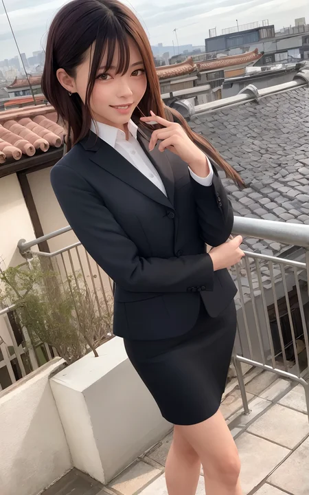 best quality, intricate details, chromatic aberration,masterpiece, highres, 

1girl, china dress,Beautiful face,long hair, black hair, messy hair, red highlights, hair over one eye, red eyes, sharp eyes, 

hair ornament, solo,looking at viewer,smile,closed mouth,lips


architecture,east asian architecture,building,outdoors,rooftop,city,cityscape

 <lora:recruitSuit_recsuitVer2:0.8> simple black suit, simple black pencil skirt, black pumps, nude pantyhose, rst,