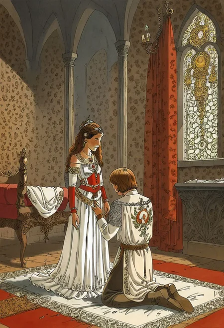 score_9, bybm style, illustration, templar knight kneeling in front of a queen, knighting ceremony