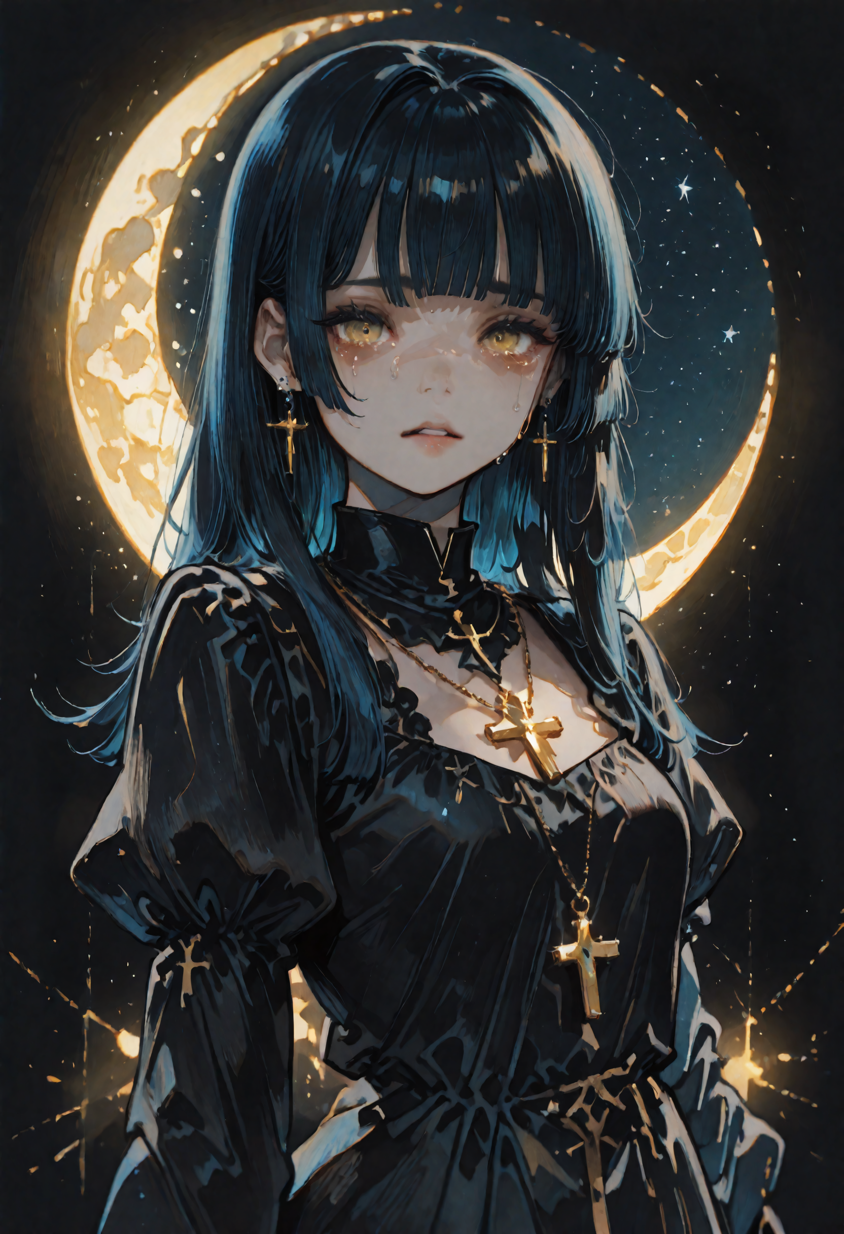 masterpiece, best quality, newest, absurdres, highres, very awa, anime screencap, no lineart, watercolor \(medium\), traditional media, painting \(medium\), limited palette, ambient occlusion, depth of field, simple background, black background, 1girl, solo, jewelry, earrings, long hair, moon, dress, crying, black hair, yellow eyes, crying with eyes open, black dress, upper body, puffy sleeves, cross, juliet sleeves, blunt bangs, cross earrings, glowing, looking at viewer, tears, long sleeves, necklace, parted lips, straight hair, star \(sky\), hair intakes, glowing eye, light particles, crescent moon, hime cut, black theme, breasts, glint, dark, cross necklace, high collar, blue hair, night, streaming tears