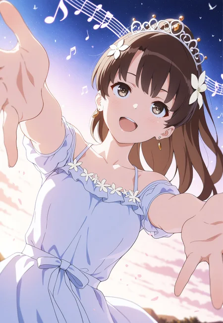 (masterpiece, best quality), amazing quality, very aesthetic, absurdres, highres, newest, HDR, 8K, chiaroscuro, impasto, intrinsic light, luster, shiny color, strong coloring, masterful shading,
1girl, m3gum1kat0, bangs, brown hair,pupils,brown eyes, long hair, ponytail, upper body, flower hair, hair ornament, earring, tiara, spring dress, sky, side viewer, happy, look up, musical note, music effect, energy, spring theme, outdoors, bird, fly, butterfly, flower, singing, reaching towards viewer, foreshortening, perspective, dutch angle, detail background, Starry sky in the evening, ((detailed eyes))