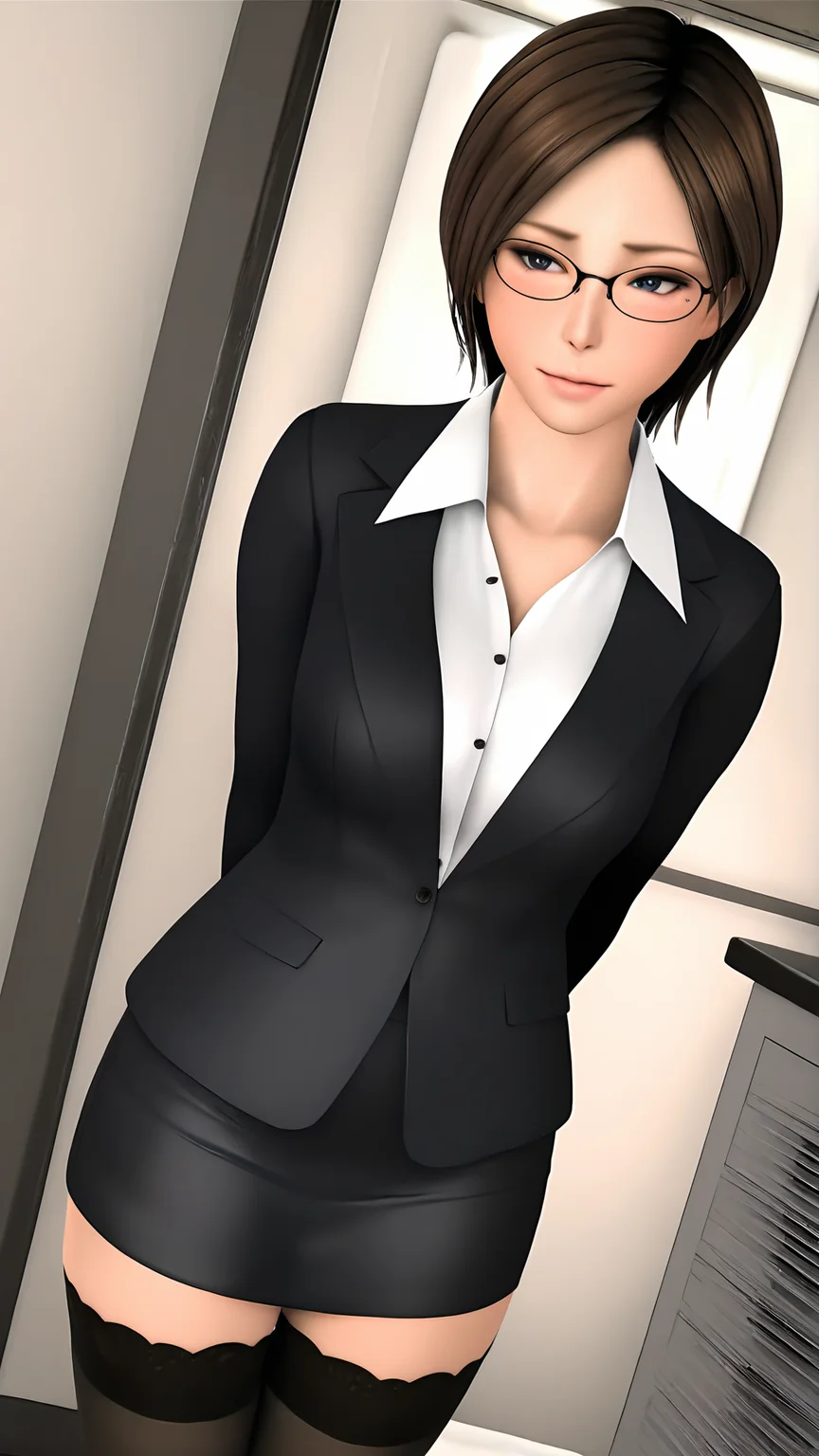 amazing quality,absurdres,best quality,masterpiece,highres,newest,detailed,detailed body,detailed face,masterpiece,best quality,solo,3d,realistic,solo,
Sakurazawa Makie,1girl,glasses,pencil skirt,skirt,office lady,suit,brown hair,skirt suit,short hair,black thighhighs,<lora:Sakurazawa Makie:0.9>,office,indoors,