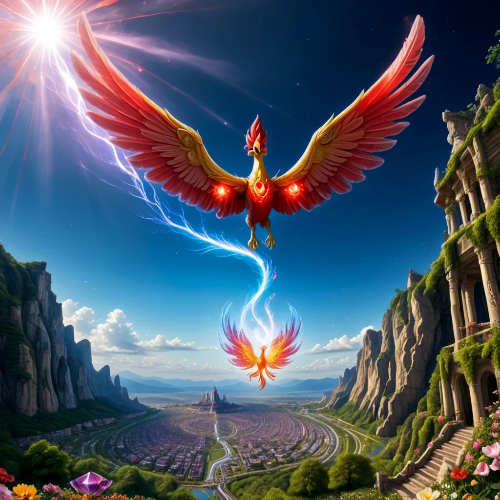 score_9, score_8_up, score_7_up, (Phenomenal Phoenix from pink and red crystals flying in the sky in its splendor, intense pink and red glowing aura on the phoenix's body, powerful energy reside inside the core of phoenix's body and the phoenix's eyes radiating blazing heat:1.37), strong focus on subject, Futuristic space suit with integrated HUD and environmental sensors, strong bokeh, masterpiece, flawless complexion, top quality, best quality, ultra-realistic, ultra-detailed, 8k, highest resolution, surreal, incredibly lifelike, real life photo reality, lots of colorful kinds of beautiful flowers, bunches of tiny little animals, tiny birds and butterflies flying around, fish jumping in the air, wisdom tree, sunlight, perfect shadow, perfect panorama photo, lakes, meadows, best artistic scenery, colorful, rich colors, perfection artistic, uncanny realism, realism pushed to extreme, outstanding clear photo quality, immaculate-micro-details phoenix, intricate details, awards winning legendary almighty beast photography, 360 View, 360, micro details photography, shot on Canon EOS 5D, glamour photography, radiant god rays, Ilford HP5 Plus, Photographers by Tim Walker, technicolor, digital art, depth of field, Ancient temple, spectacular, fabulous, top quality photo, intricate details, imagine awards winning photography, (distant view:1.6)