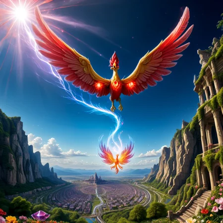 score_9, score_8_up, score_7_up, (Phenomenal Phoenix from pink and red crystals flying in the sky in its splendor, intense pink and red glowing aura on the phoenix's body, powerful energy reside inside the core of phoenix's body and the phoenix's eyes radiating blazing heat:1.37), strong focus on subject, Futuristic space suit with integrated HUD and environmental sensors, strong bokeh, masterpiece, flawless complexion, top quality, best quality, ultra-realistic, ultra-detailed, 8k, highest resolution, surreal, incredibly lifelike, real life photo reality, lots of colorful kinds of beautiful flowers, bunches of tiny little animals, tiny birds and butterflies flying around, fish jumping in the air, wisdom tree, sunlight, perfect shadow, perfect panorama photo, lakes, meadows, best artistic scenery, colorful, rich colors, perfection artistic, uncanny realism, realism pushed to extreme, outstanding clear photo quality, immaculate-micro-details phoenix, intricate details, awards winning legendary almighty beast photography, 360 View, 360, micro details photography, shot on Canon EOS 5D, glamour photography, radiant god rays, Ilford HP5 Plus, Photographers by Tim Walker, technicolor, digital art, depth of field, Ancient temple, spectacular, fabulous, top quality photo, intricate details, imagine awards winning photography, (distant view:1.6)