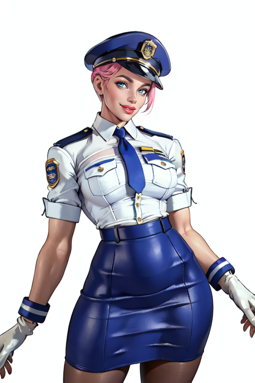 masterpiece,best quality,extreme detail,8k,<lora:Manon:0.8>,manon2,1girl,solo,breasts,looking at viewer,smile,short hair,blue eyes,skirt,shirt,gloves,hat,standing,pink hair,pantyhose,necktie,white gloves,uniform,lips,blue skirt,makeup,lipstick,pencil skirt,blue necktie,badge,police,police uniform,policewoman,police hat,white background,