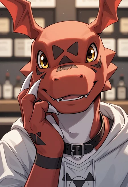 (((beautiful, high quality))), upper Body, score_9, score_8_up, score_7_up, 1boy, male focus, brown eyes, hooded shirt, big loose black collar,
looking at the viewer, posing, looking around,
blurred background, flirty, seductive, cafe, smile, no humans, solo
,
guilmon, red skin, yellow eyes, facial mark, hand on cheek,