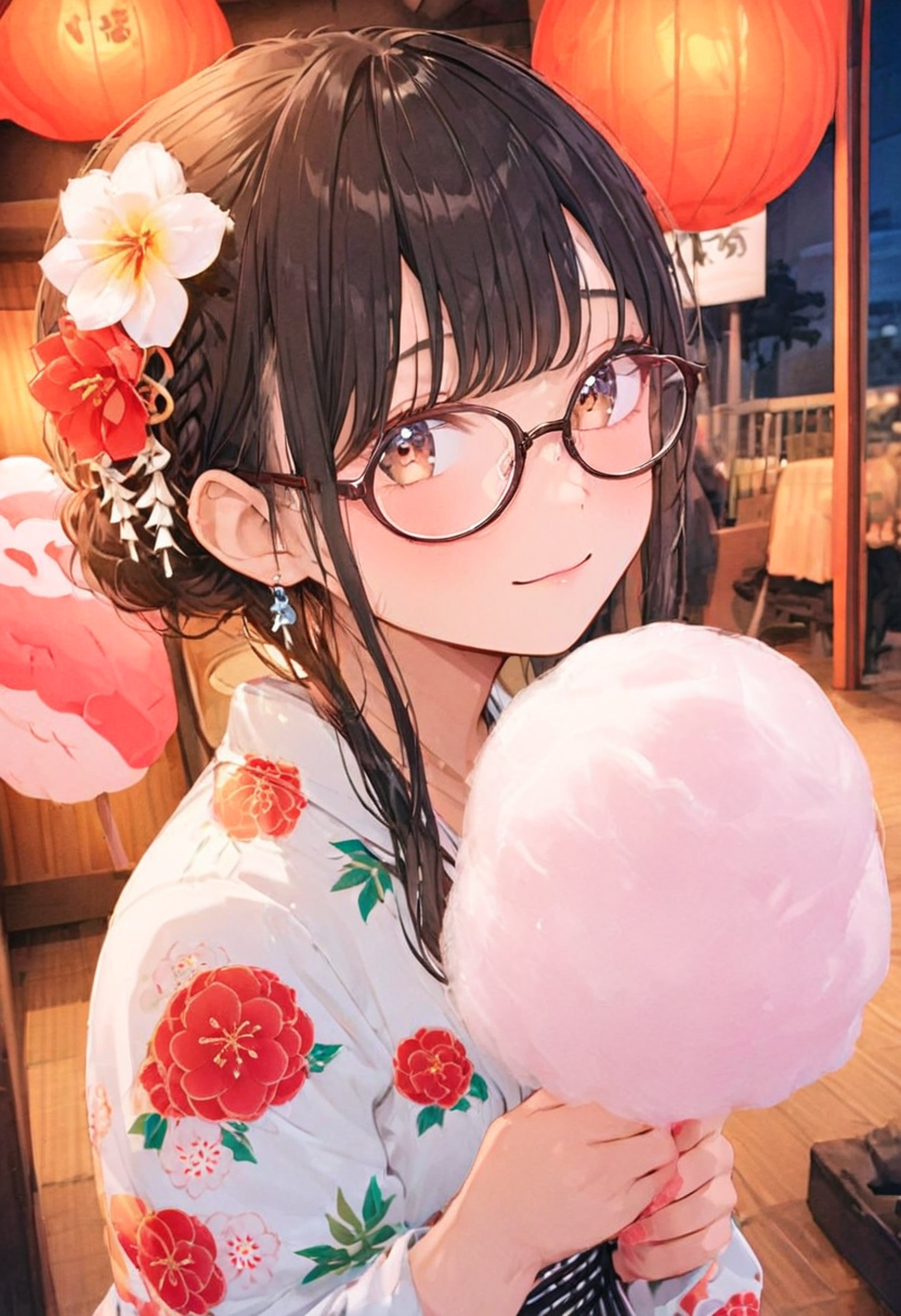 masterpiece, best quality, very aesthetic, absurdres,
cotton candy, 1girl, solo, glasses, black hair, holding, holding food, food, skewer, yukata, floral print, hair flower, braid, night, summer, paper lantern, 
 <lora:wataame_SDXL_V1:1>