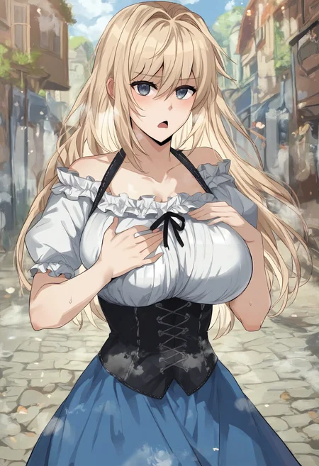 score_9, score_8_up, score_7_up, score_6_up, source_anime, rating_explicit, 1girl, solo, huge breasts, <lora:Alitius Bella Rustanad Rusklan prefectPonyxl:0.9> blonde hair, hair between eyes, hair intakes, grey eyes, blue eyes, long hair, off shoulder, dirndl, black ribbon, white shirt, frilled shirt, short sleeves, black corset, blue skirt, serious, open mouth, Narrow shoulders, heavy breathing, steaming body, street, outdoors, standing, looking at viewer, hand on breasts