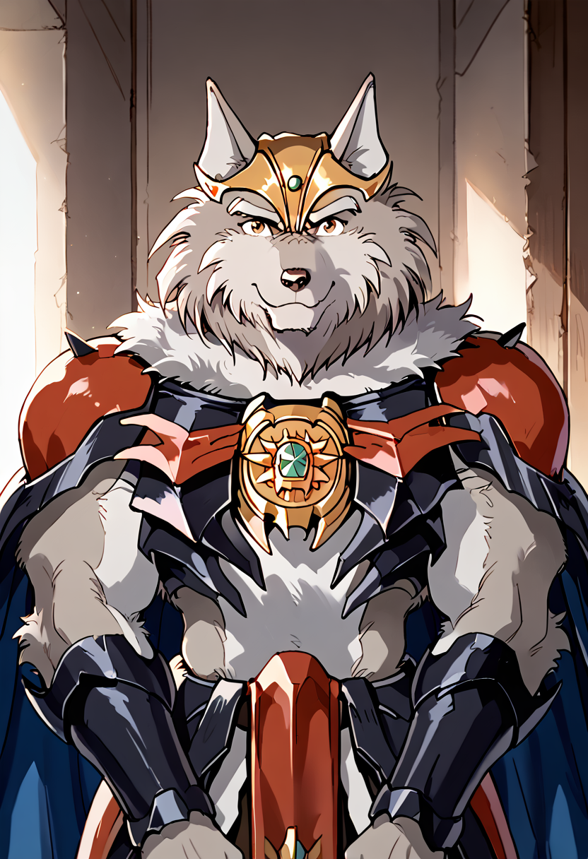 high quality, hires, greyfus, furry, 1boy, solo, muscular, cape, armor, looking at viewer, bara, <lora:Greyfus_Wild_Knights_Gulkeeva:1>