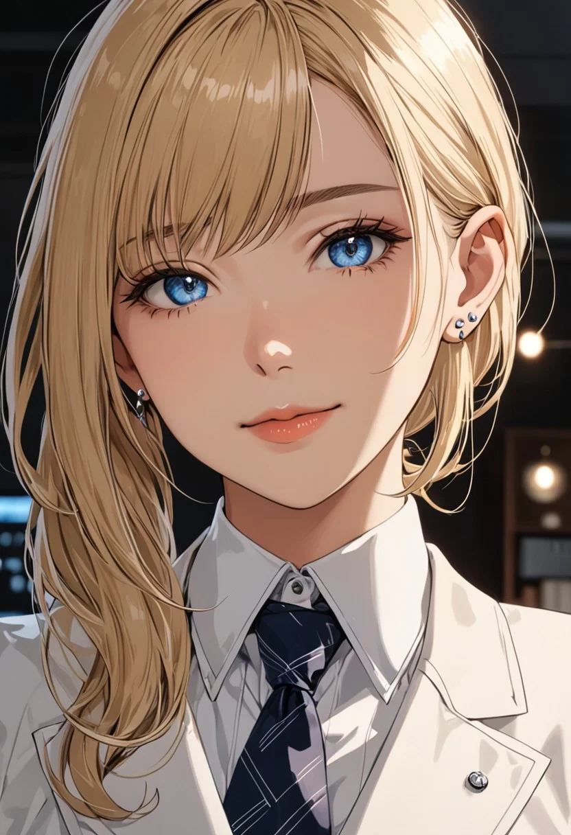 (anime, masterpiece, intricate:1.3), (best quality, hires textures, high detail:1.2), (4k),(incredibly detailed:1.4), perfect anatomy, correct sense of scale, side lighting, feminine body, shiny skin, graceful face, constricted waist, nice body, lips, Sexy mouth, high pointed nose, (nostrils:1.3), neatly drawn nose, 1woman, charming smile, gorgeous lips, blue eyes, white suit, tie, office lady, closed blouse, mini skirt, tights, blonde hair, ponytail, side bangs, medium breasts, ((piercing, two holes at the bottom of the ear, one at the top)) (best illumination, an extremely delicate and beautiful) 8k wallpaper, masterpiece, best quality, ultra-detailed, best shadow, volumetric lighting), (beautiful detailed face, beautiful detailed eyes) ,extreme details eyes, shiny skin, full body, ear piercing