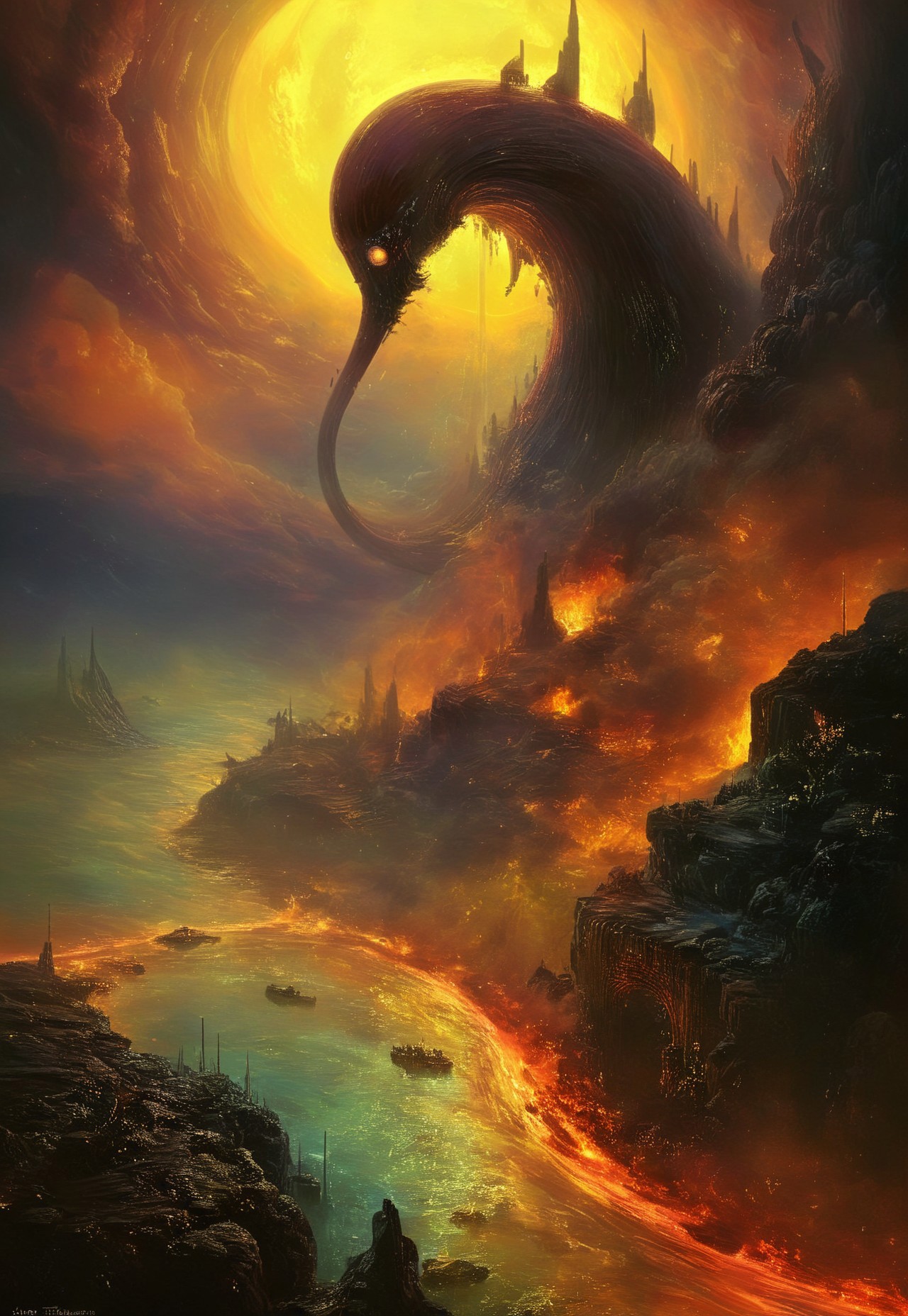 best quality, masterpiece, painting, concept art,  ((((High angle From avove, camera from above, Bird's-eye view, aerial shot view)))), In the heart of the absurdes,land of alien flies, a giant black hole,organic,abomination,toxicity,mutation,pus,dense fog,atmospheric haze,cloud, silicon flora, liquid, ligaments, connections, biological, biomechanical,  light particles, rainy, twisted architecture intricate detail, surreal masterpiece of contrast, blending the energy of  fantasy  with the scifi aesthetic,mix of science fiction and fantasy,deadly void,swirling,attraction,interaction,low gravity,scifi dark fantasy,vibrant colors,dramatic,tragic,melancholy,dark dream,cosmic horror,alienscape,dreamscape,otherworldy,weird,slowly drown,cursed paradise,professional,perfection,visually stunning,mesmerizing,disturbing,mystical touch,highly detailed, intricate,painted in high resolution,close-up,  primary colors,acid bleeding deep colors, no gradients, illustration,ferrotype,grisaille,scenery, ((no humans)),
 composition explores the boundaries of reality, creating a visually arresting scene that defies conventional norms, Dive into the eerie and thought-provoking atmosphere as the surreal narrative unfolds in this captivating and unsettling artwork,epic scale
<lora:John Harris Style:0.8> John Harris Style page,Arik roper,Ben Templesmith,Tsutomu Nihei,Henry Fuseli 