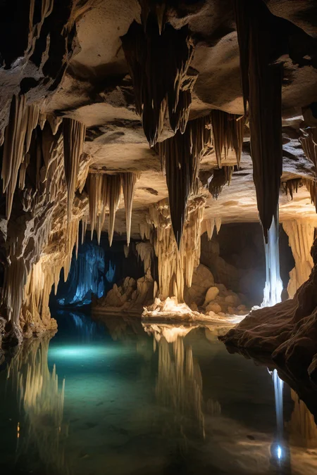 A hidden world of shimmering stalactites and stalagmites casts an ethereal glow, reflecting off the still, clear pool at the heart of this mystical crystal cavern. Dripping water creates delicate music, whispering ancient secrets as sunlight filters in through the rare crystalline formations on the cave's entrance.