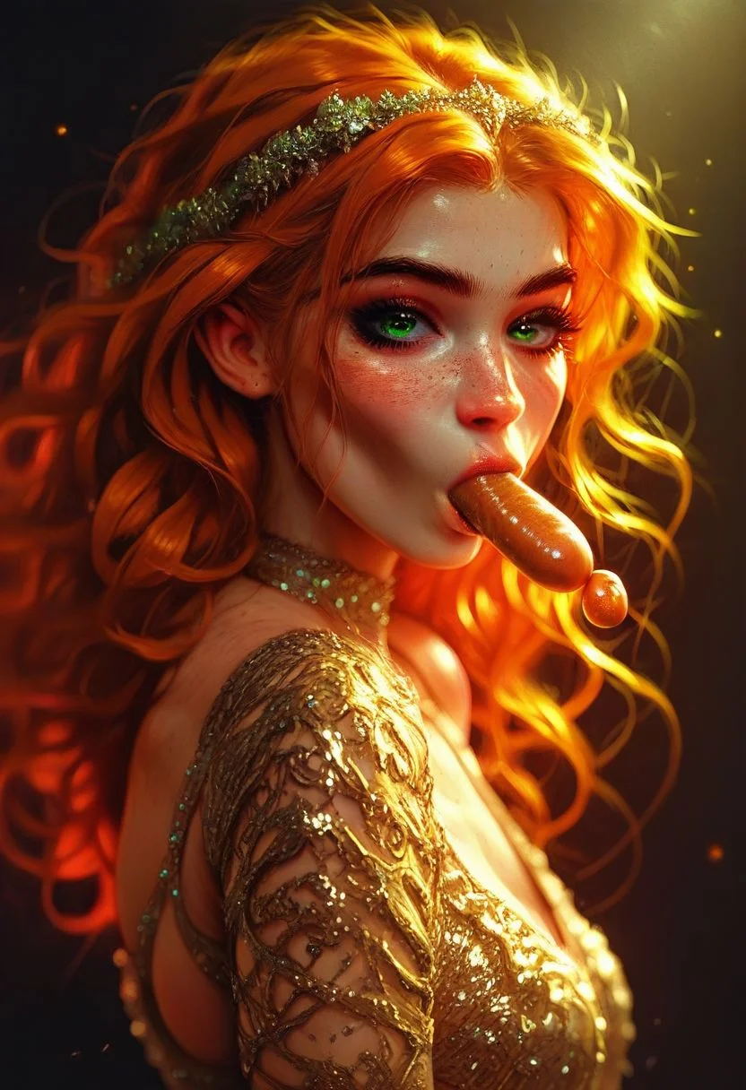 score_9, score_8_up, score_7_up, score_6_up, score_5_up, score_4_up, cute, sexy,1girl, ginger, freckels, portrait, (((sucking small sausage))), 1dk, full body, neon green tear, backlighting, neon black background, (fashion pose:1.8), 1girl, solo, (sexy 18 year old sexy shy, perfect body, fair skin, green eyes, cute face, freckles, medium breasts, long legs, eyeliner, mascara, firm butt, round ass, ginger hair, (dimples), (best art, best illustration, perfect ratio:1.3), natural lighting, soft lighting, HDR (High Dynamic Range), Maximum Clarity And Sharpness, Multi-Layered Textures, (neon theme, night sky:1.3), (perfect hands, perfect finders, perfect body part, perfect body:1.3),