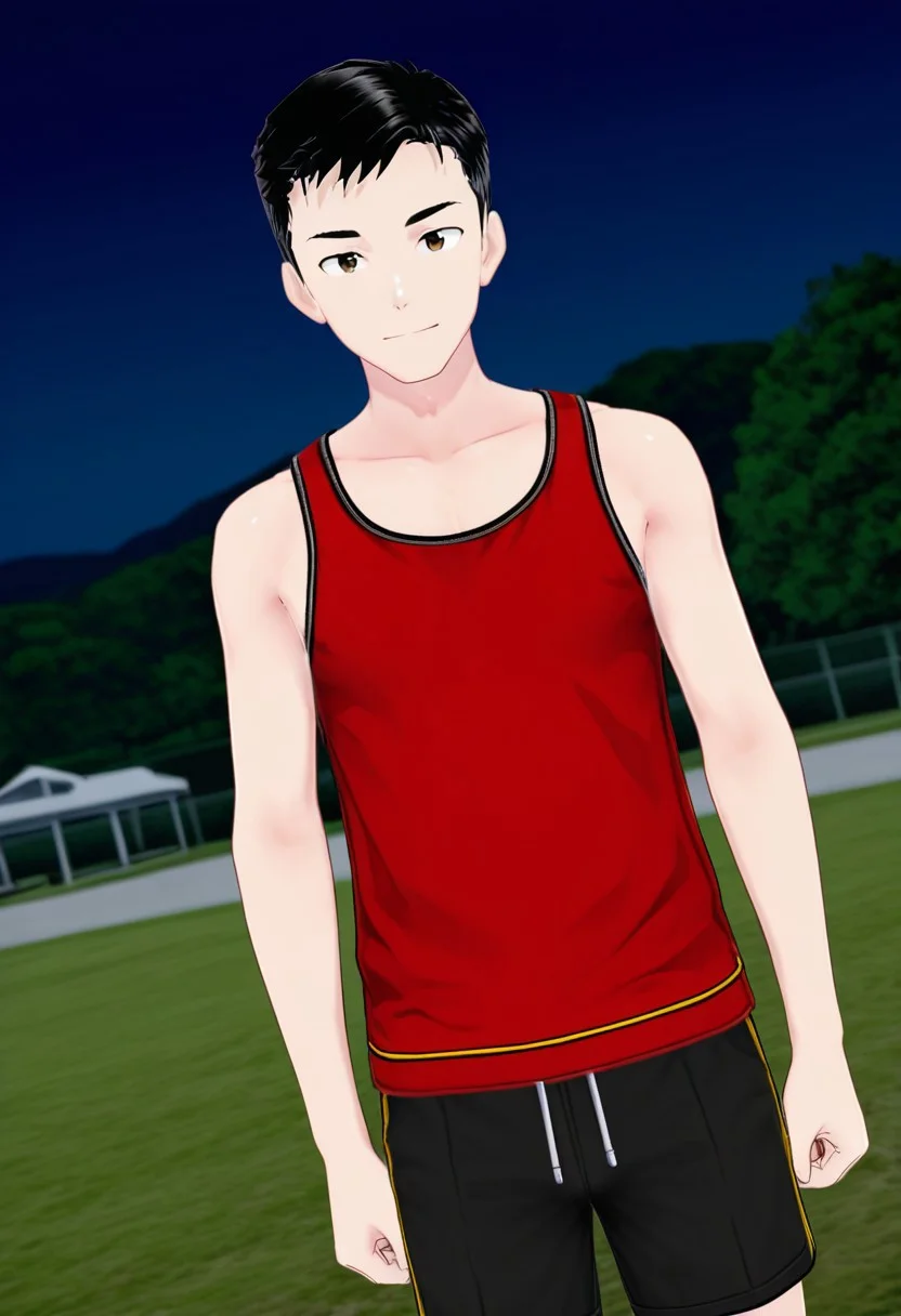 harmard, black hair, short hair, brown eyes, 1boy, solo, solo focus, red tank top, black shorts, young man, youthful, outdoor, at night day