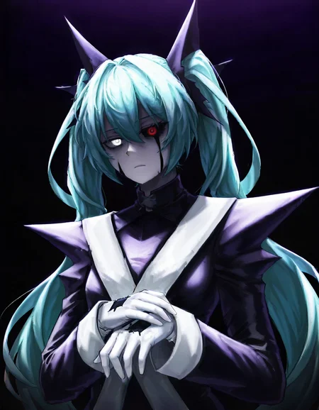 1girl, solo, robe, white gloves, (hatsune miku:1.5), red eyes, white eyes, heterochromia, black sclera, expressionless, xgasterclothes, hollow eyes, <lora:XGaster:0.7>, dark, glowing eyes, nev \(nevblindarts\) <lora:quasarcake:0.6>