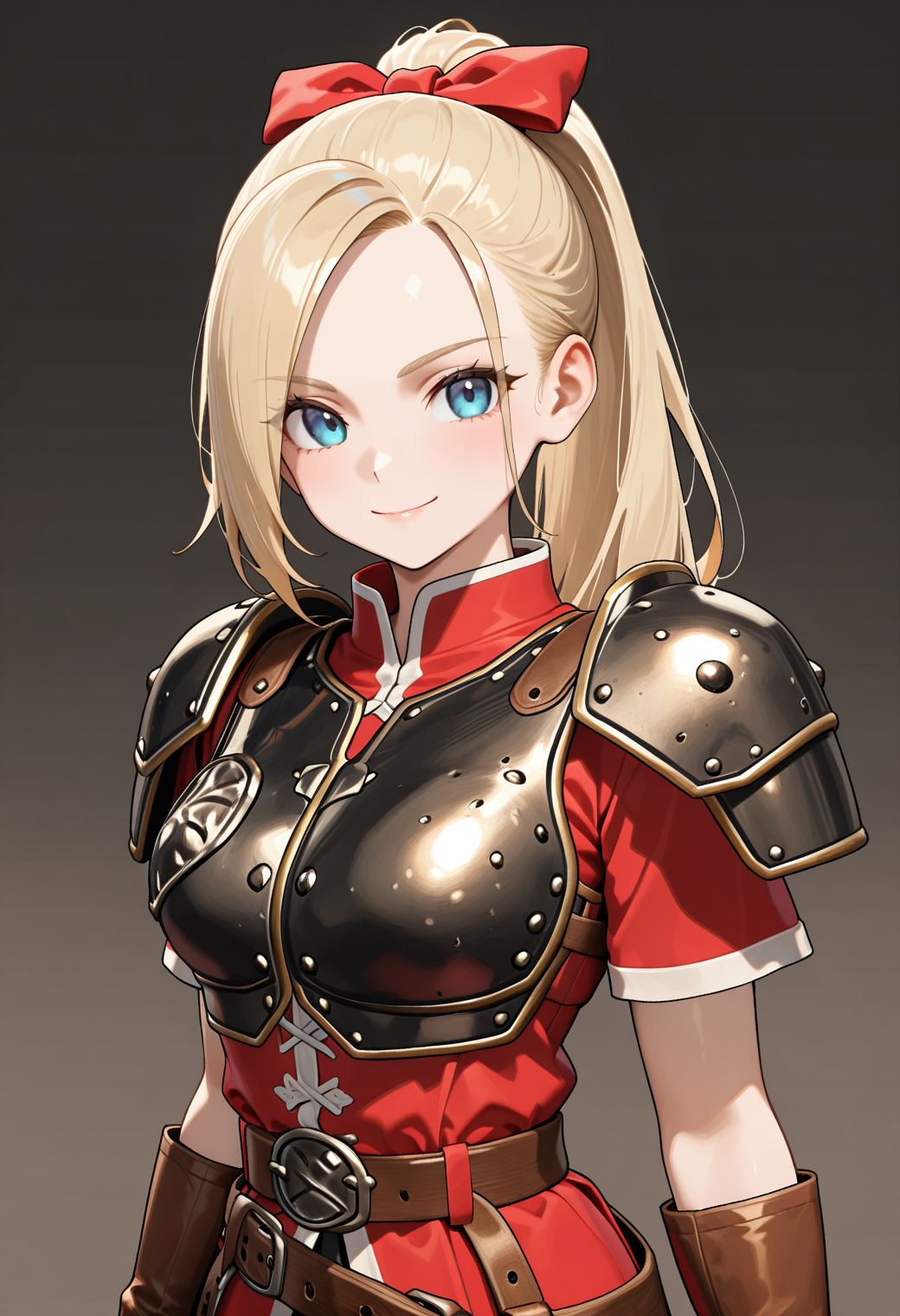 masterpiece, best quality, very aesthetic, absurdres, 1girl, solo,
<lora:dqh2_aurora_v02:0.9>, dqh2_aurora, blonde hair, long hair, ponytail, blue eyes,
hair bow, shoulder armor, breastplate, red dress, short sleeves, brown gloves, leather gloves, belt, (smile:0.7), posing, upper body