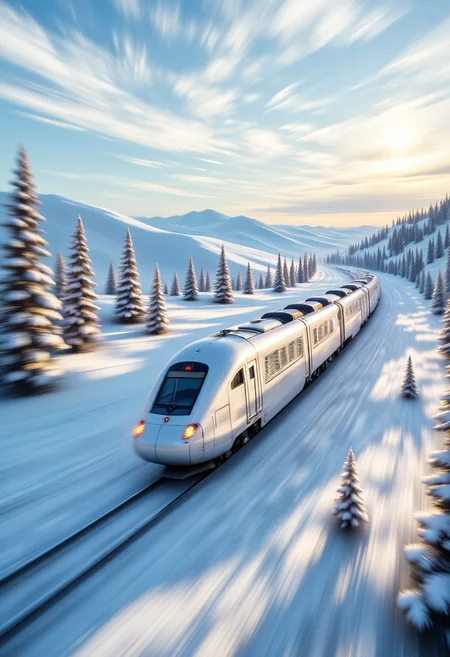d0ntst0pm3n0w This is a highly detailed, CGI-rendered digital artwork depicting  the iconic Trans-Siberian Railway in action. A long, sleek white train with numerous carriages races through a vast, snowy expanse, its metallic surface gleaming against the cold winter sun. The image is dynamic, with motion blur adding a sense of incredible speed as the train slices through the frosty wilderness. Snow-covered pine forests and rolling hills surround the railway tracks, and a pale blue sky stretches overhead, with hints of dawn or dusk on the horizon. The atmosphere is vast and serene, highlighting the remoteness and rugged beauty of the Siberian landscape.