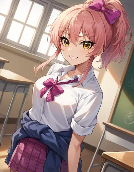 score_9, score_8_up, score_7_up, source_anime,
mikajougasaki, <lora:mika-jougasaki-ponyxl-lora-nochekaiser:1>
mika jougasaki, hair bow, long hair, pink hair, yellow eyes, ponytail, smile,
bow, clothes around waist, plaid, plaid skirt, school uniform, skirt, sweater, sweater around waist,
indoors, classroom,
looking at viewer, dutch angle, cowboy shot,