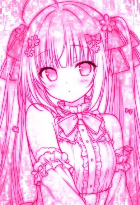 GLTST, Glitch, , 1girl, solo, twintails, pink theme, long hair, hair ornament, monochrome, bow, ribbon, looking at viewer, detached sleeves, ahoge, bangs, hair ribbon, upper body, frills, hair bow, bare shoulders, blush