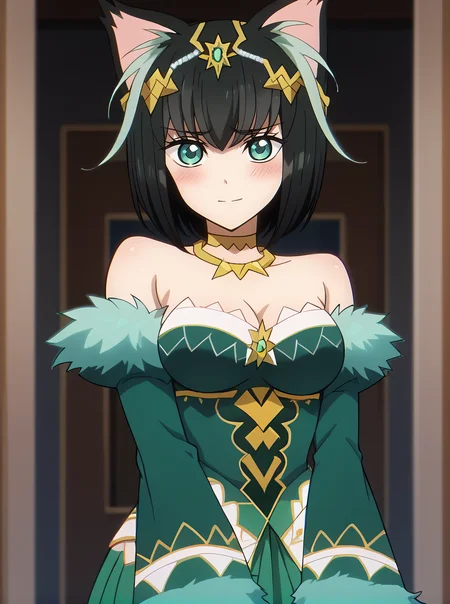 score_9, score_8_up, score_7_up, rating_explicit, source_anime, <lora:StS_detail_slider_v1:3>, <lora:age_slider_v4:-1>,detailed skins, body blush,cowboy shot, perfect curyv medium breasts, highly detailed, body blush,(cowboy shot:1.4), looking at viewer, perfect eyes,perfect hands, sidelocks, <lora:Tama__Matilda_Isekai_Shikkaku:1>,tama,cat ears,animal ear fluff, multicolored hair, two-tone hair,black hair,light green hair, bangs, short hair,aqua eyes,medium breasts, (sidelocks:1.4), matildadress,hair ornament,jewelry,tiara, green dress,bare shoulders,fur-trimmed sleeves,detached sleeves, v arms, shy, light smile,