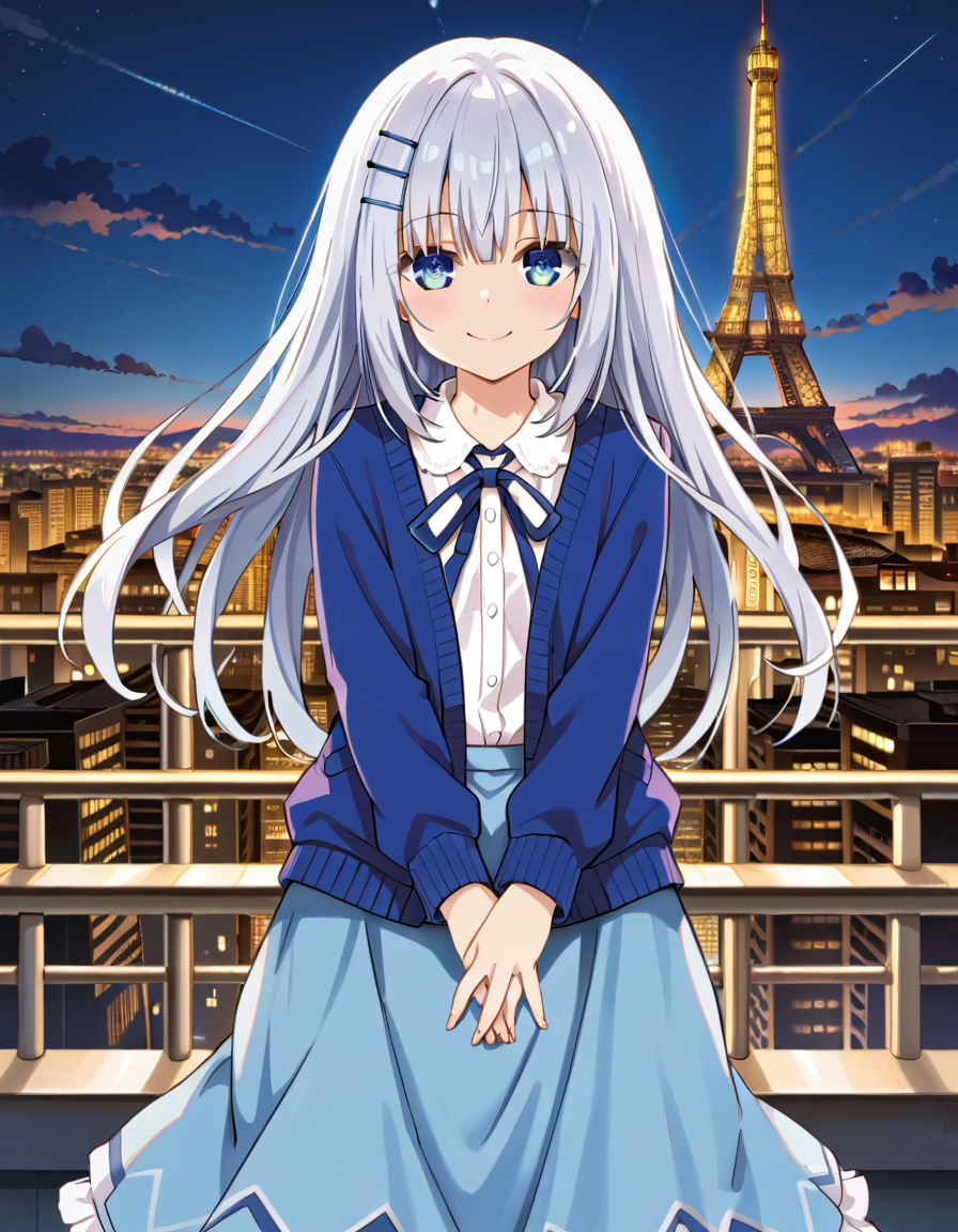 Volumetric Lighting, (masterpiece), (best quality), (ultra-detailed), masterpiece, source_anime, score_9, score_8_up, score_7_up BREAK, illustration, disheveled hair, detailed eyes, perfect composition, moist skin, intricate details BREAK, light depth, dramatic atmospheric lighting, Volumetric Lighting, Moegami, long hair, white hair, blue eyes BREAK, s3origami, s3 cardigan, open cardigan , blue cardigan, s3 shirt, ori hairclip, s3 neck ribbon,(((s3 skirt))), aqua skirt, long skirt BREAK, outdoor, city,day, sunny day, smile,standing, own hands together, hands down,upper body