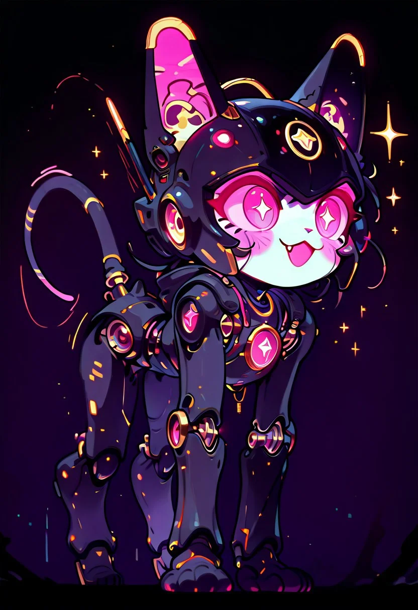 masterpiece, best quality, simple illustration, 1cat robot, no-human, superdeformer, cute, helmet with cat ears, full body, solo, dark background, sparkles, vivid colors, vertical pupils,fang, tail , mcnm, in the style of cknc, cute_style01f1, cyberwitches, runing, speed lines,