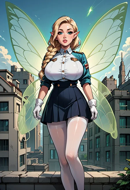 score_9, score_8_up, score_7_up, score_6_up, score_5_up, score_4_up, beautiful fairy woman, mature, long blonde braided hair, reij-hrstyl01 hairstyle, elf ears, detailed blue eyes, bright blue eyes, soft round jaw, magical aura, (delicate glowing wings with green patterns:1.4), (fairy wings:1.3), huge breasts, military uniform, white gloves, black skirt, pantyhose, abandoned building, ruined city, rooftop, outdoors,