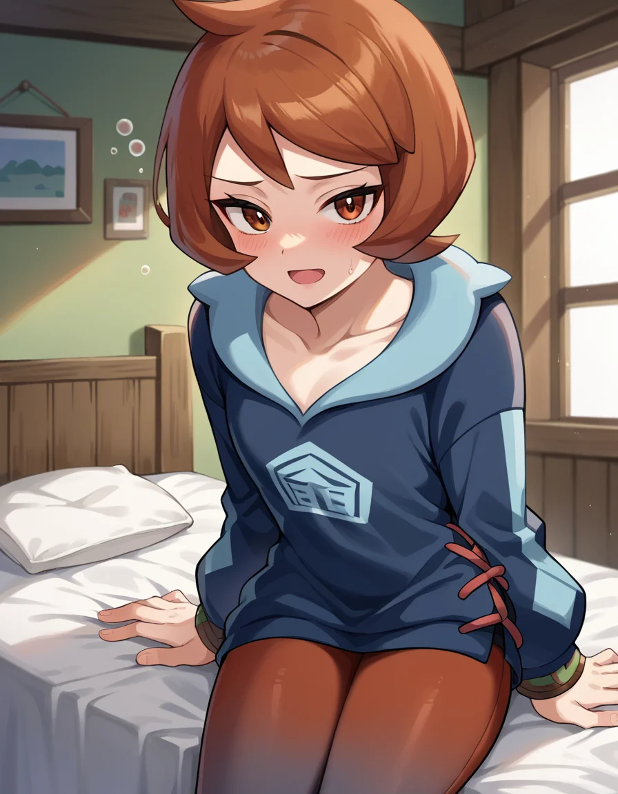 score_9, score_8_up, score_7_up, source_anime,
pokemonarezu, <lora:pokemon-arezu-ponyxl-lora-nochekaiser:1>
pokemonarezu, brown hair, cowlick, short hair, brown eyes,
collarbone, diamond clan outfit, jacket, long sleeves, pantyhose,
indoors, bed, bed room, on side, blush, drunk,
looking at viewer, cowboy shot, dutch angle,