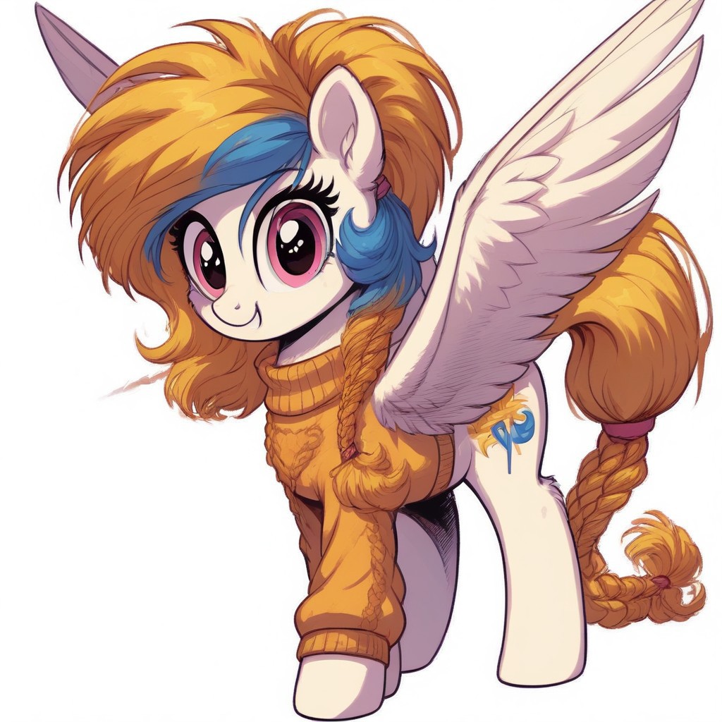 score_9, score_8_up, score_7_up, MegaFluffyPony, furry, fluffy, egirl  ,  Copyright
friendship is magic 
General Copyright
friendship is magic hasbro mlp g4 my little pony
golden feather, Blue streak hair, pegasus, feathered wings
General
cutie mark earth pony equid equine equine female female only feral feral only horse  non-human areolae white body white fur multicolored hair pony smile tail upper body sweater