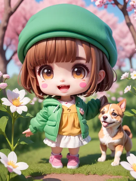 (masterpiece),(best quality),(ultra-detailed), (full body:1.2),
1girl,chibi,cute, smile, open mouth,
flower, outdoors, ((playing with a cute dog)), beret,  jacket, blush, tree, :3, shirt, short hair, cherry blossoms, green headwear, blurry, brown hair, blush stickers, long sleeves, bangs,  black hair, pink flower,
(beautiful detailed face), (beautiful detailed eyes),
 <lora:blindbox_V1Mix:1>