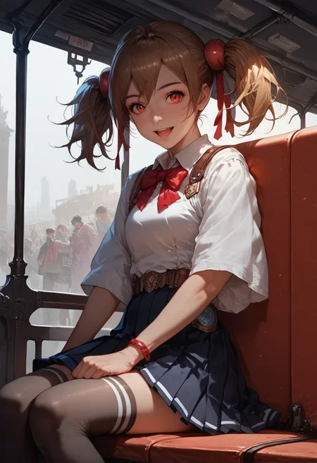 score_9, score_8_up, score_7_up, 1girl, silica, solo, skirt, brown hair, open mouth, red eyes, thighhighs, breastplate, twintails, white background, black skirt, pleated skirt, armor, smile, ribbon, bus station, bus stop, public place nighttime vibrant lighting, street lights, high contrast, dramatic shadows, highly detailed, detailed skin, depth of field, tilted angle, moody lighting, exy pose,professional lighting, perfect quality, high quality, photorealistic, sitting, (((supermodel))),((goddess))