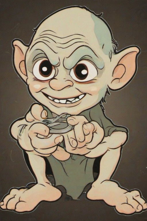 <lora:PE_OldCartoonStyle:0.9> PEOldCartoonStyle,Cartoon,
Gollum holding a ring,happy