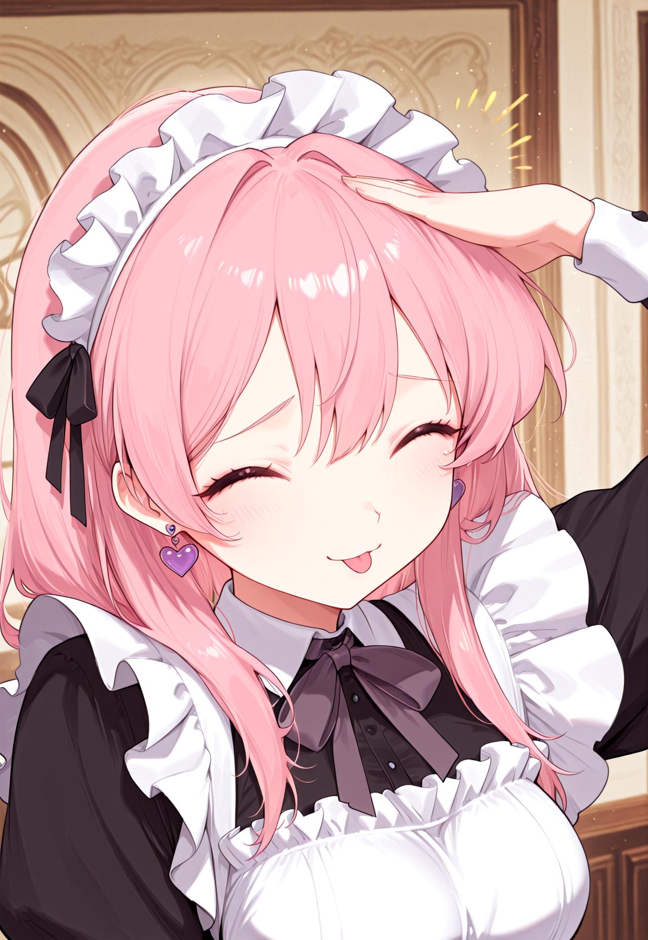 absurdres, masterpiece, 1girl, anime girl, solo, BREAK, CivChan, purple eyes, pink hair, BREAK, heart earrings, BREAK, maid, BREAK, ah_eto_bleh, :p, tilted head, closed eyes, upper body