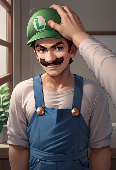 score_9, score_8_up, score_7_up, source_anime, 1boy, headpat, pov hands, <lora:Headpat_XLPD:1>, upper body,  <lora:Luigi_XLPD:1> Incrsluigi, luigi, green headwear, blue overalls, smirk, indoors,