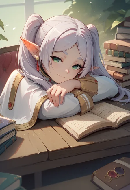 score_9, score_8_up, score_7_up, head rest arm rest, 1girl, desk, looking at viewer, book stack, open book, light smile
<lora:head_rest_arm_rest_pony_1:1>
BREAK
score_9_up score_8_up score_7_up, nereirfpnxl, frieren, pointy ears, twintails, earrings, elf, parted bangs, white hair, white capelet, capelet, long sleeves
<lora:others_frieren_nereirfpnxl_pony_v2:1>