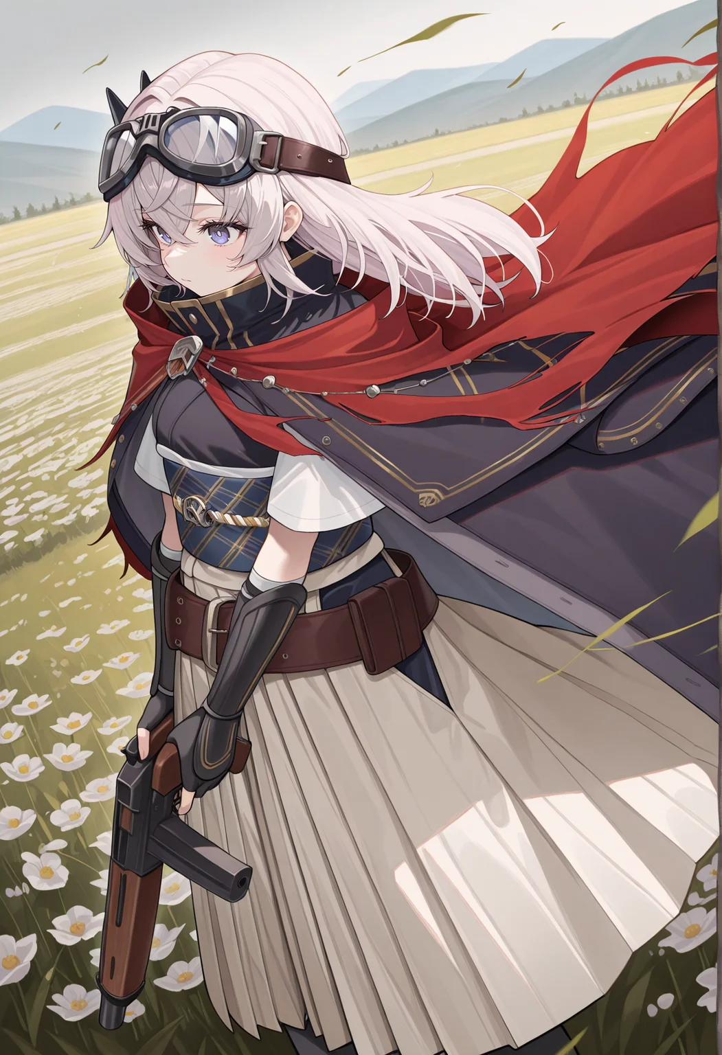 1girl, japanese clothes, white short sleeves, obi, belt, gauntlets, fingerless gloves, cape, cloak, goggles on head, holding gun, outdoors, flower field, wind, hakama, cowboy shot,
<lora:saika_magoichi:1>, masterpiece, best quality, amazing quality, very aesthetic, absurdres, highres, newest