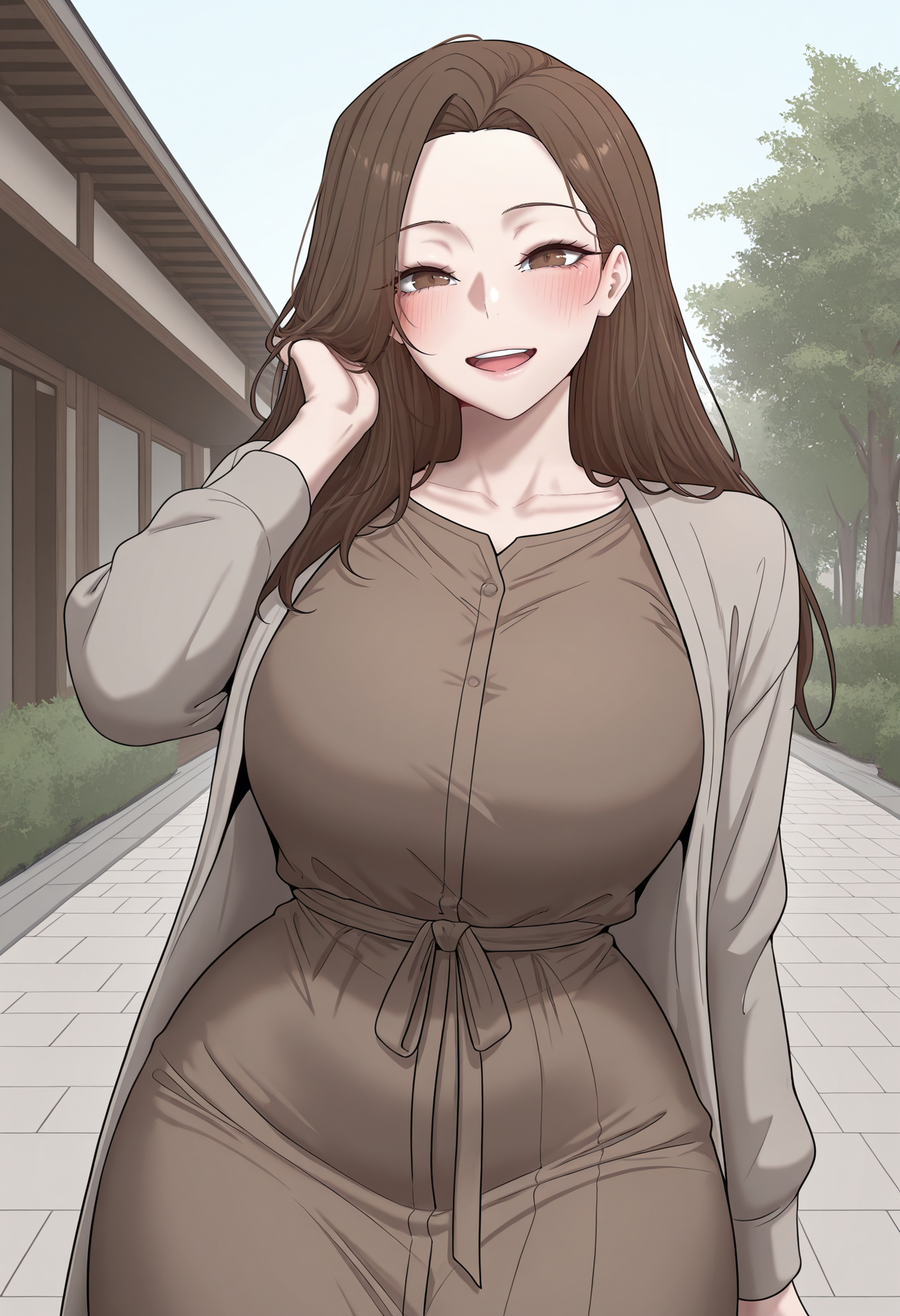 highres, best quality, masterpiece, outdoors,
flat colors,
1girl, solo, crypdahee, long hair, brown hair, brown eyes, mature female, curvy,
grey jacket, open jacket, brown dress,
looking at viewer, blush, smile, upper teeth only, hand in own hair, 
standing,
<lora:_dahee_life_crypto-elesico-ilxlB-000014:1>
