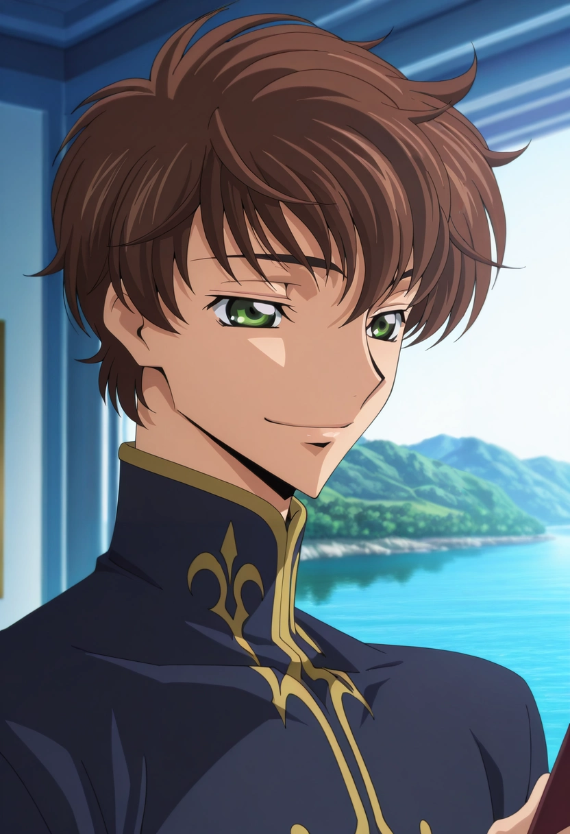 masterpiece, best quality, intricate details, anime screencap, anime coloring, official style, , 1boy, solo, male focus, <lora:suzaku_kururugi_ilxl:1>, suzaku_kururugi, brown hair, green eyes, , panorama, river, indoors, light, holding object, half-closed eyes, smile,