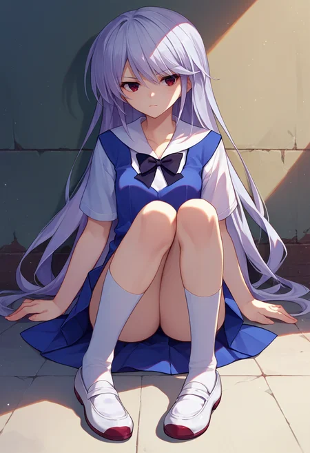 score_9, score_8_up, score_7_up, source_anime, 1girl, <lora:KazukiCAME-000007:1> kazami kazuki, silver hair, long hair, red eyes, school uniform, black bow, white kneehighs