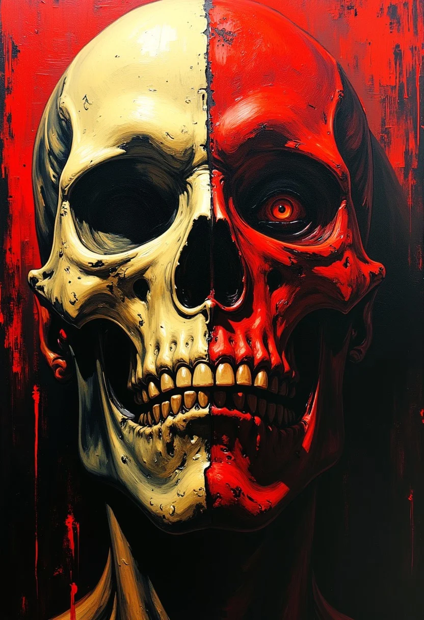 thepaintedrealm. Oil painted and horror art style. Create a unexpected fantasy image that combines the style of oil painting and horror painting.