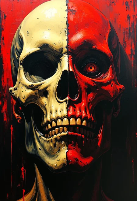 thepaintedrealm. Oil painted and horror art style. Create a unexpected fantasy image that combines the style of oil painting and horror painting.