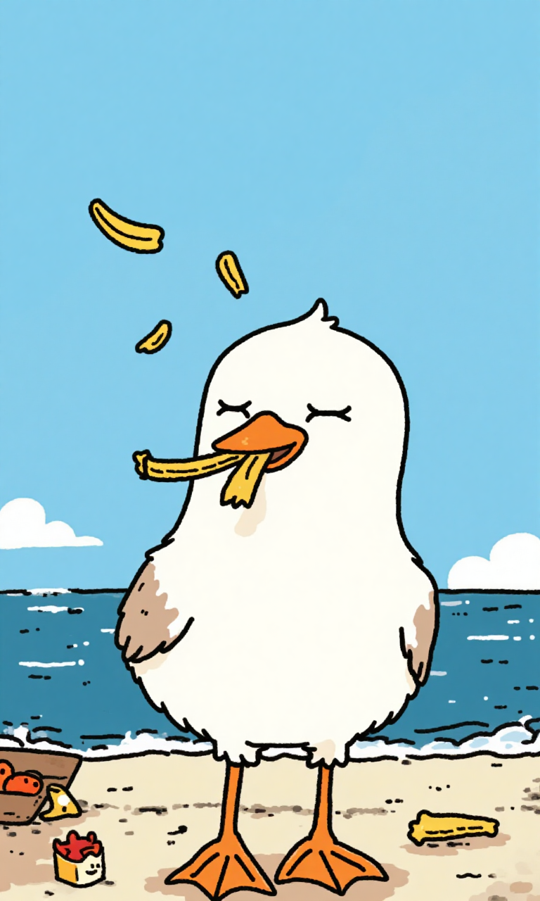 A seagull holds a French fry in its mouth <lora:flux-test\flux.1_lora_flyway_simple-illustration.safetensors:1.1:1.1>